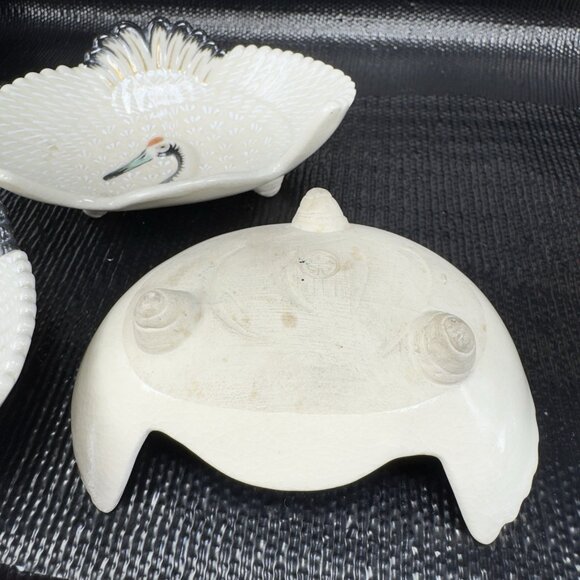 Vintage Japanese Ceramic Footed Crane 4inch Dish Plate Rare Set 3 Dishes Marked - Picture 14 of 16